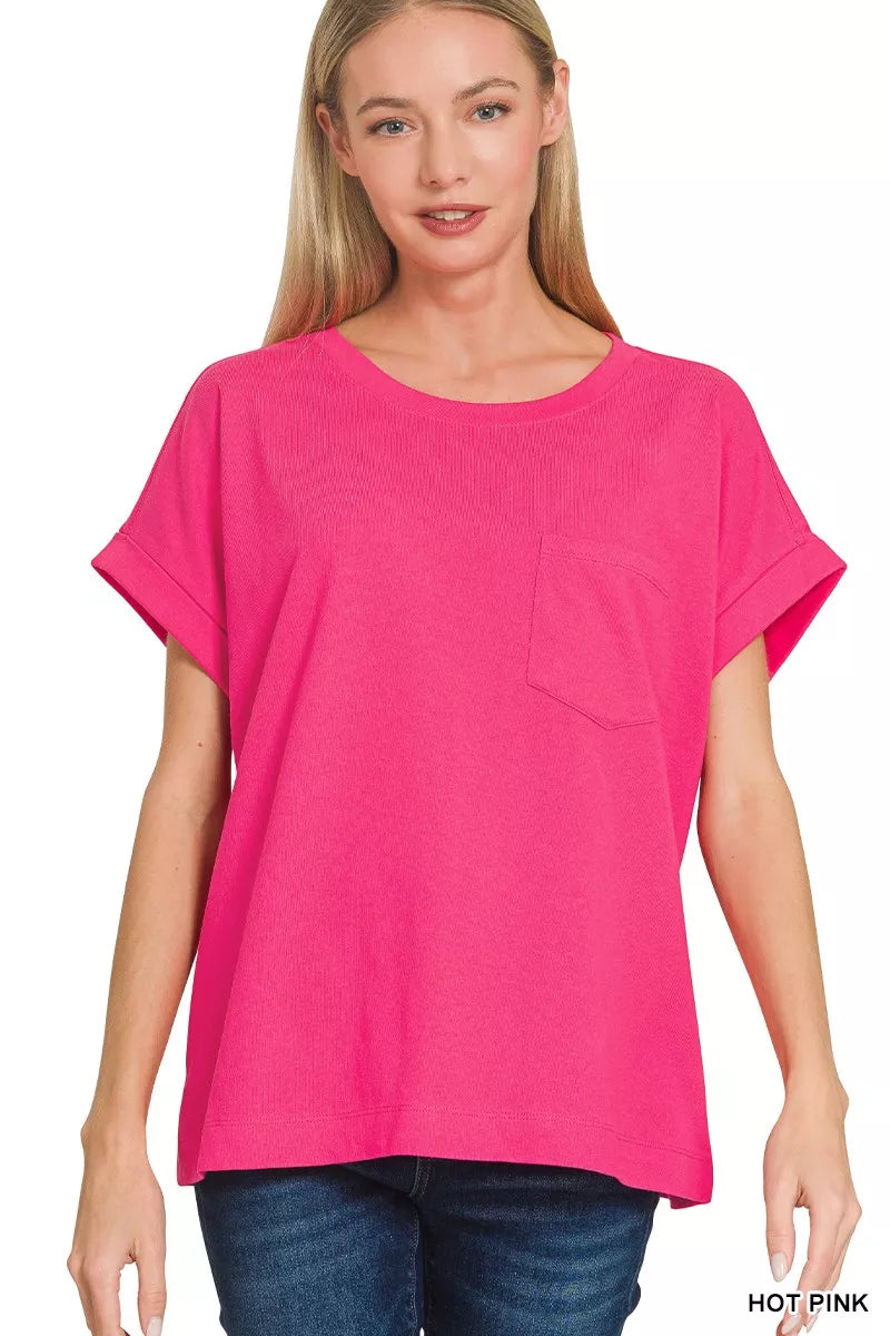 Zenana Hot Pink Cuffed Front Pocket Short Sleeve Tee HOT PINK