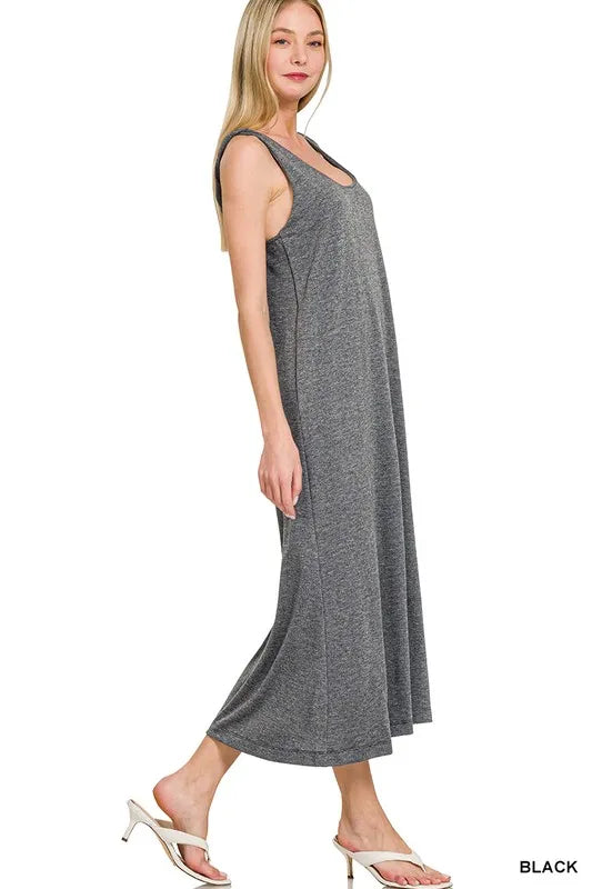 Zenana Black French Terry Twisted Strap Midi Dress