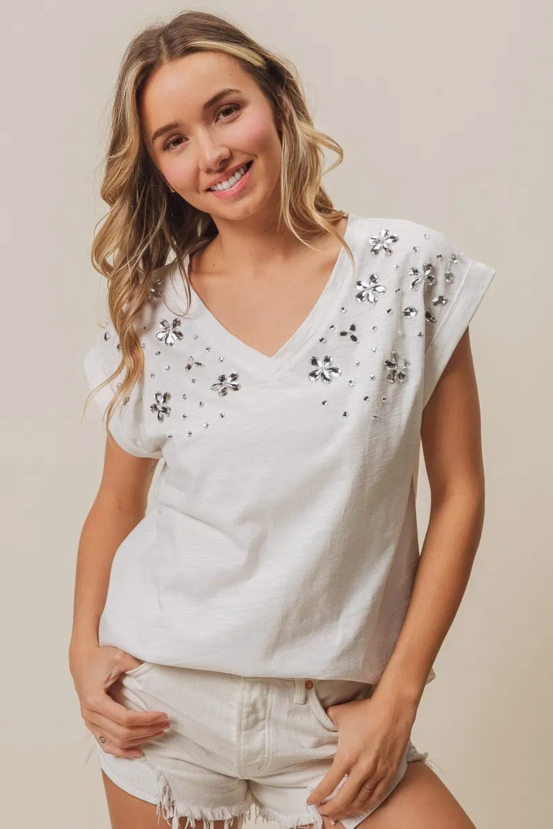 BiBi Slub Jersey Rhinestone V Neck Top OFF WHITE
