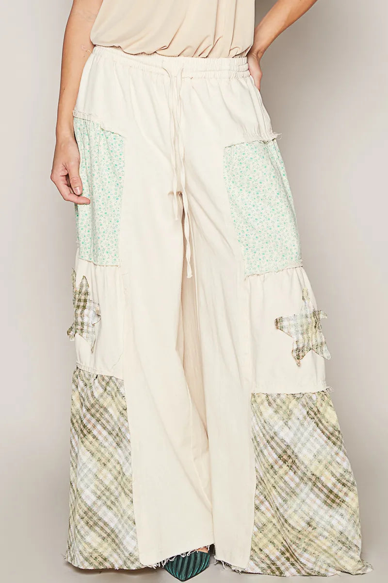 POL Cream Drawstring Star Patch Contrast Wide Leg Pants Cream
