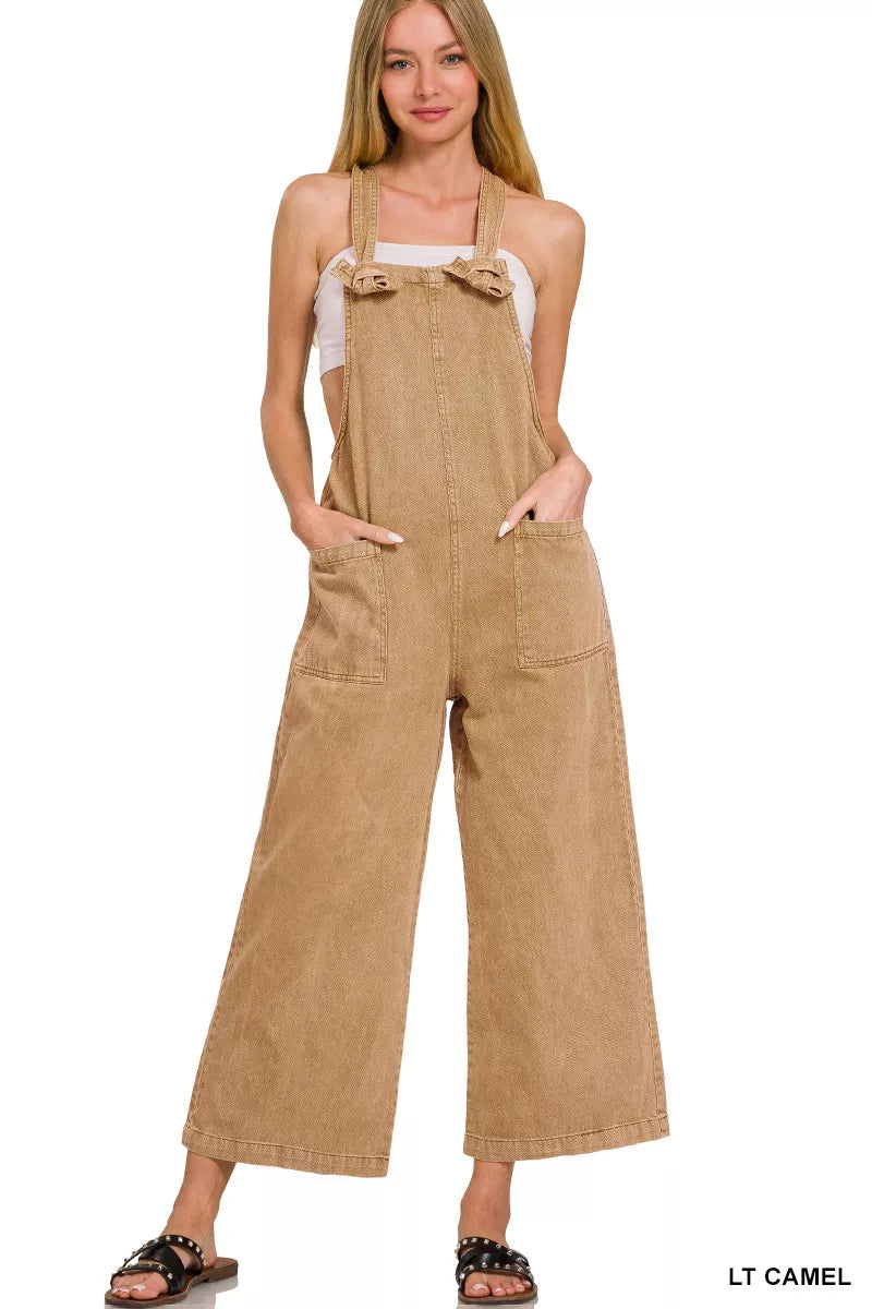 Zenana Light Camel Washed Knot Strap Pockets Jumpsuit LT CAMEL