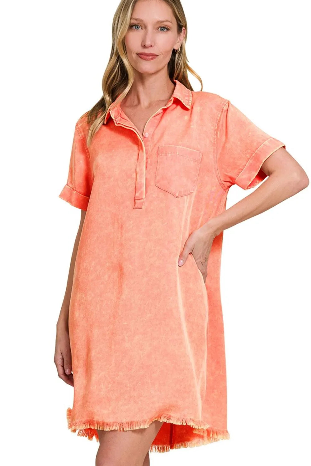 Zenana Coral Tencel Mineral Washed Collared Shirts Dress