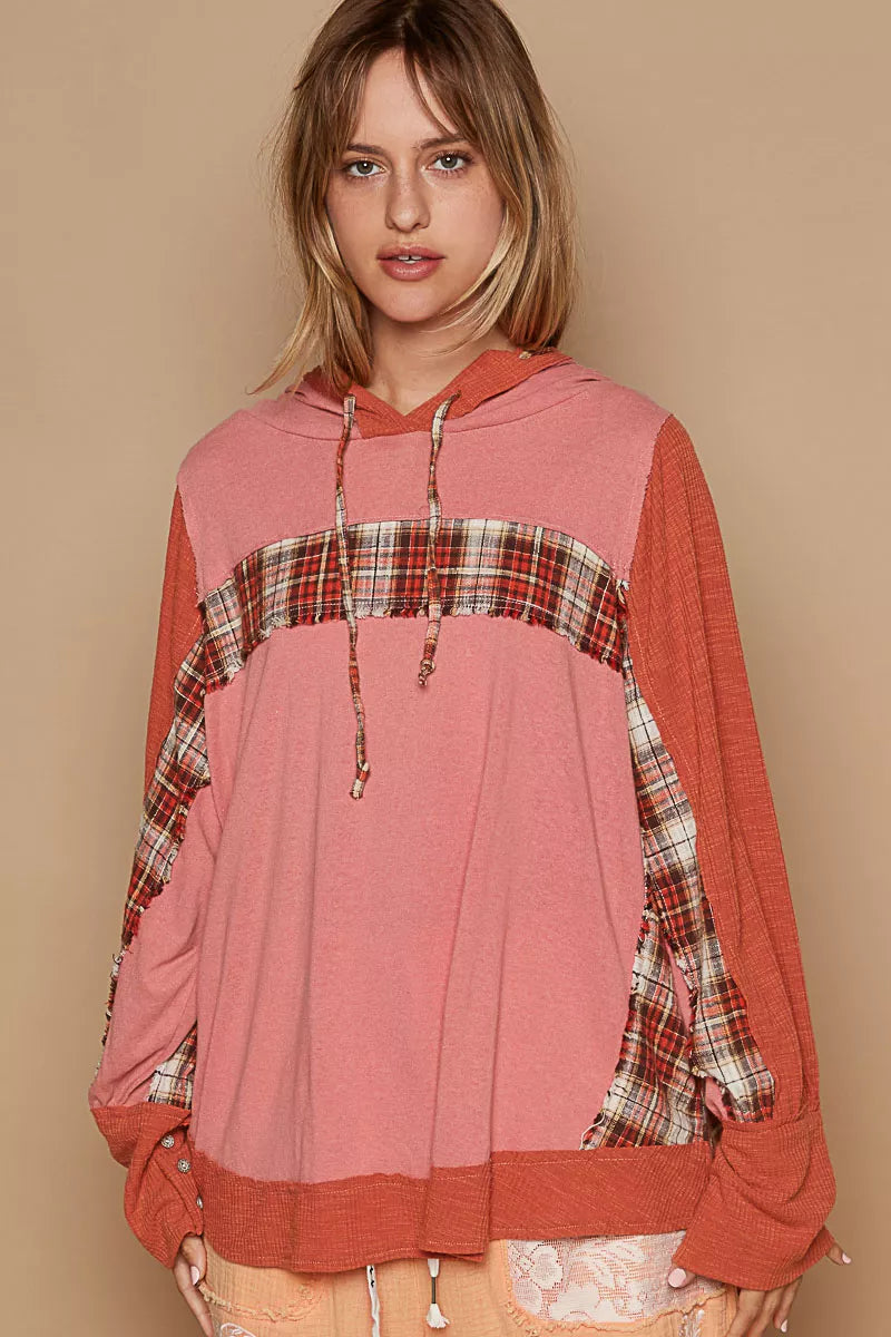 POL Blush Brick Oversized Drawstring Long Sleeve Hoodie with Plaid Detail BLUSH BRICK