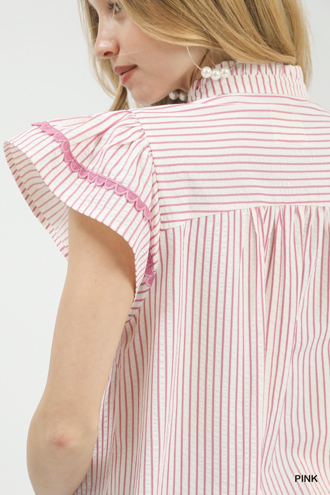 Umgee Pink Striped Flutter Sleeve Blouse