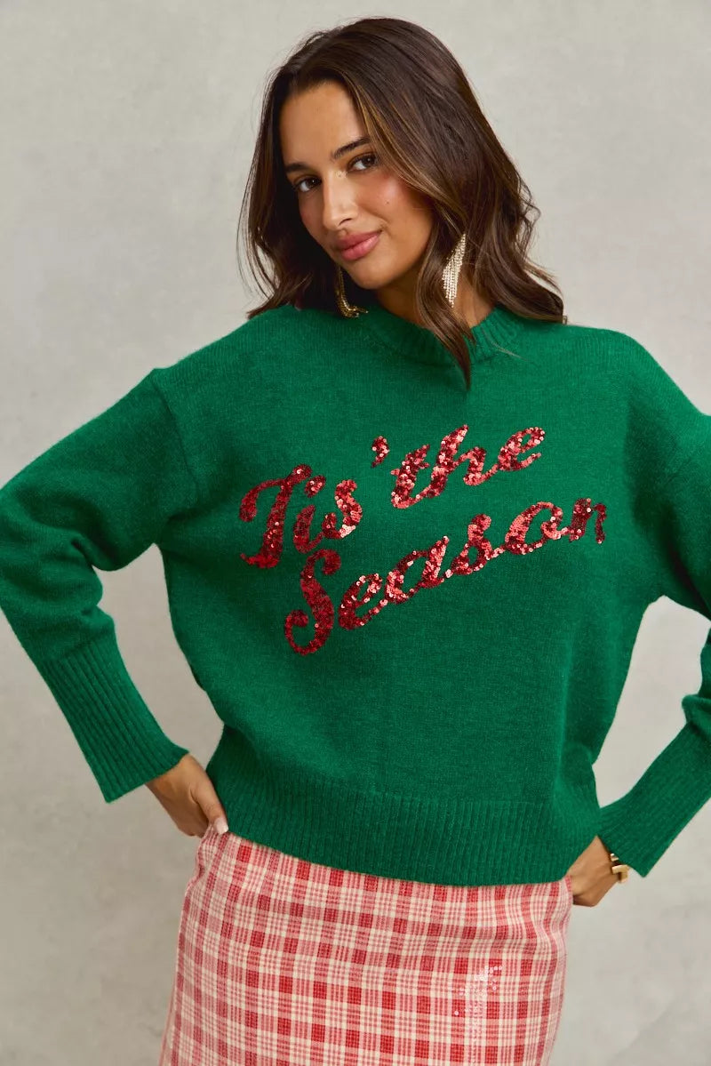 SO ME Hunter Green Sequins Lettering Christmas Holiday Sweater