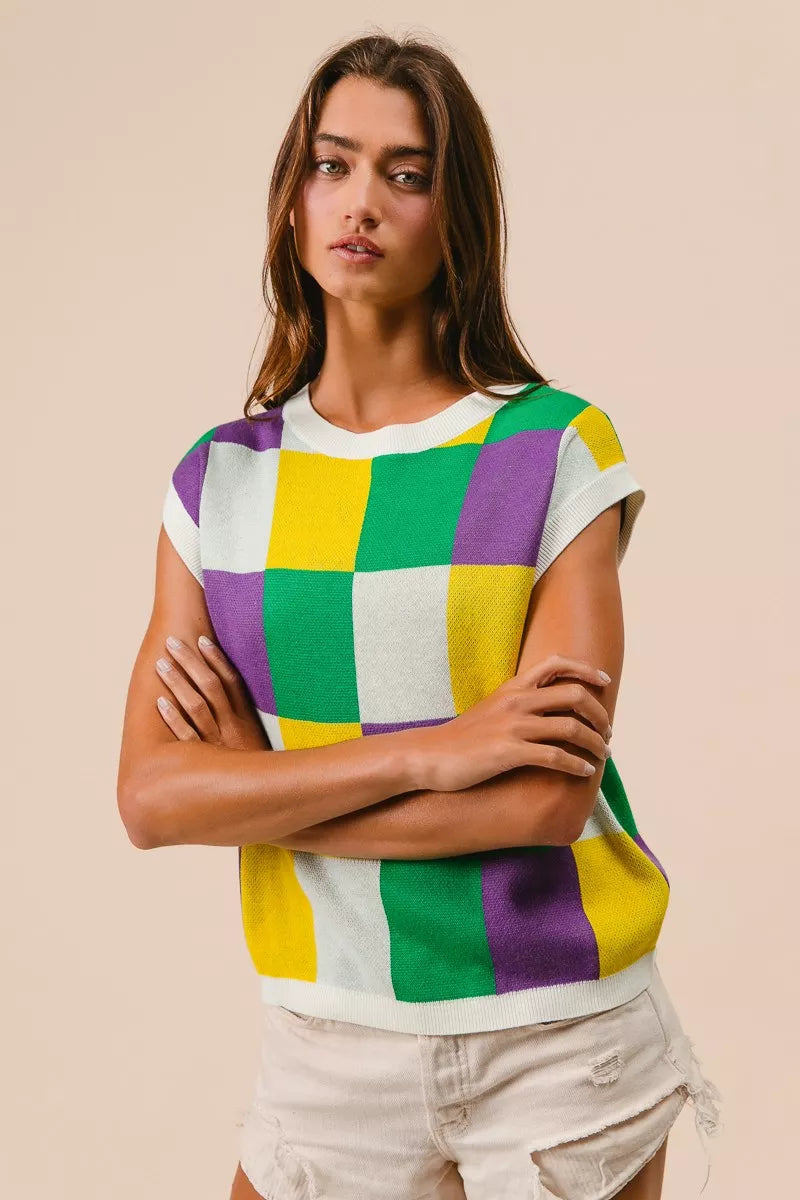 BiBi Mardi Gras Checker Pattern Sleeveless Sweater Top