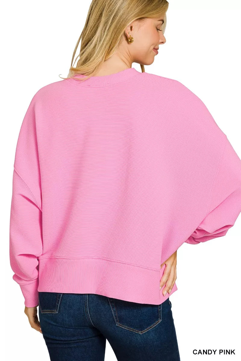 Zenana Candy Pink Ribbed Round Neck Pullover and Shorts Set