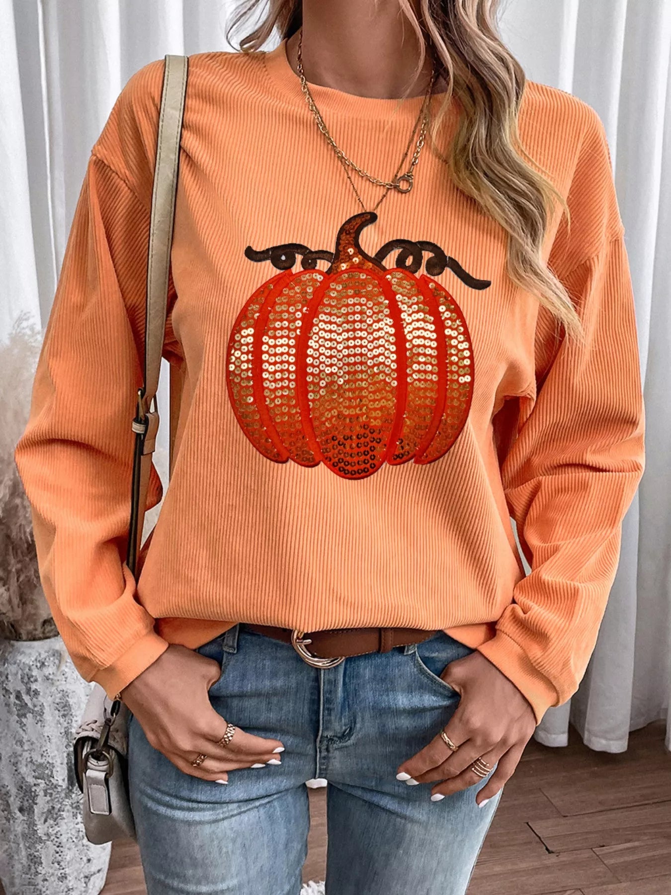 Preorder: Tangerine Halloween Sequined Pumpkin Ribbed Round Neck Sweatshirt