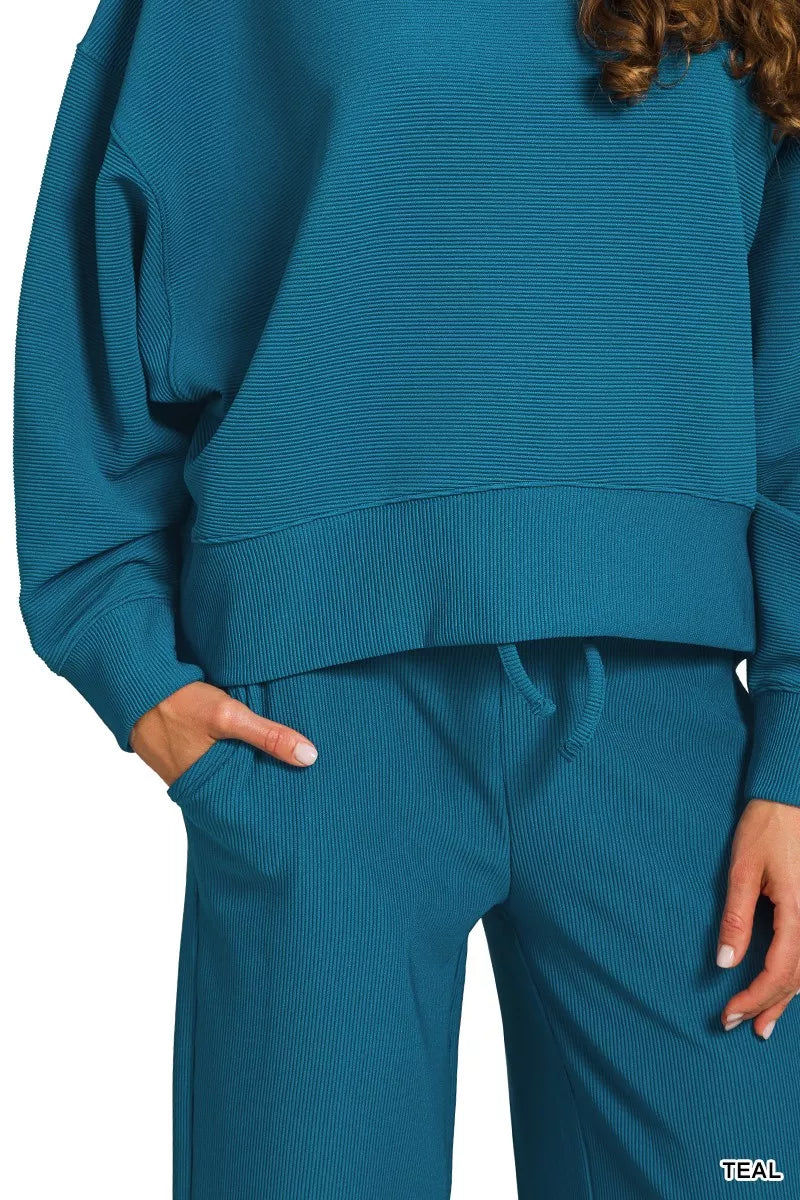 Zenana Teal Ribbed Round Neck Pullover and Drawstring Pants Set