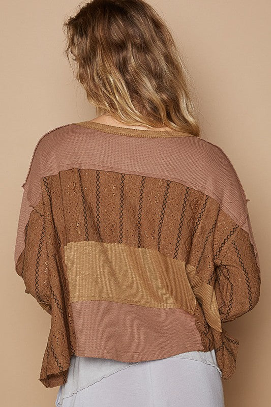POL Dark Brown Half Button Color Block Drop Shoulder Knit Top Shirts & Tops