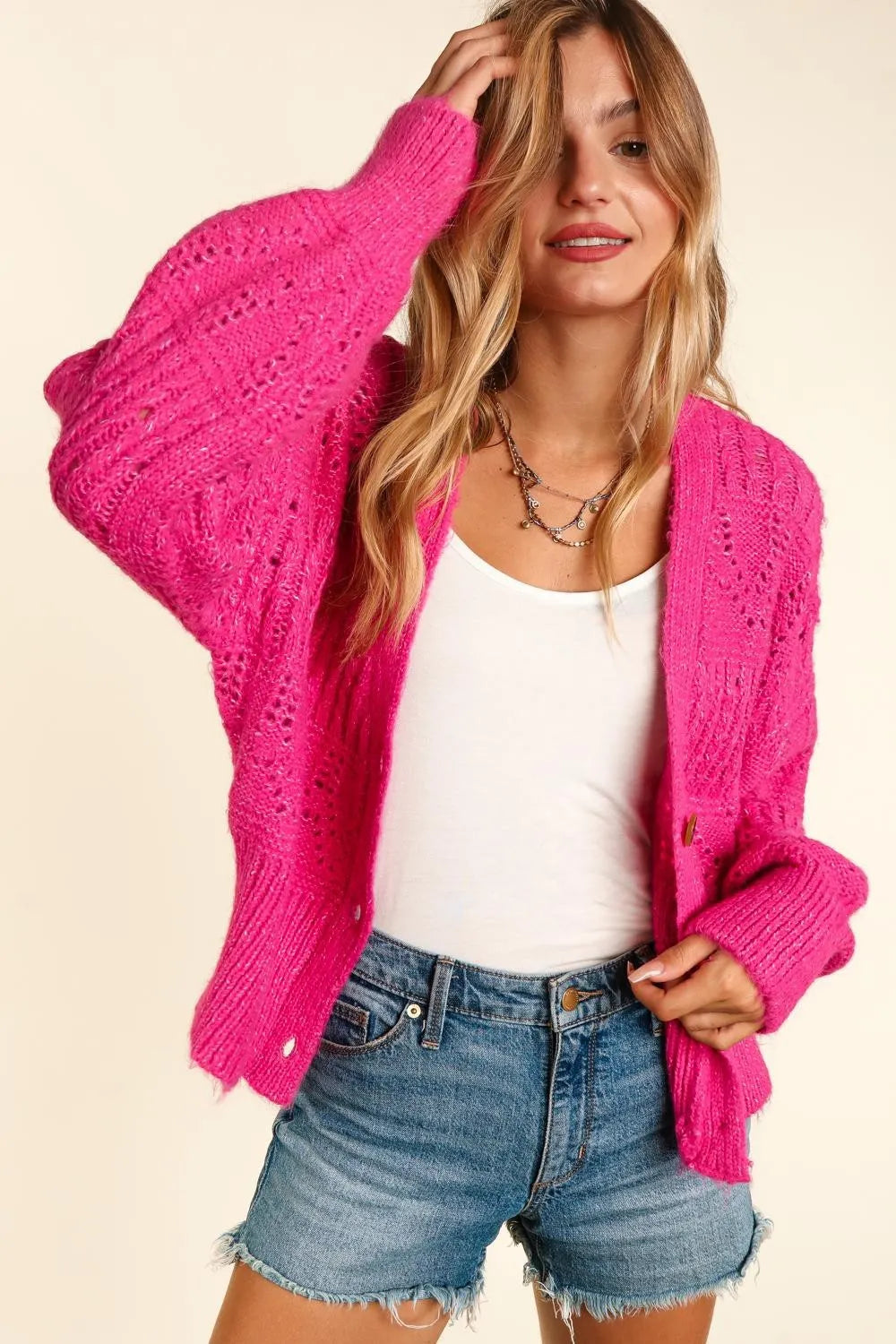 Haptics Fucshia Button Down Crop Long Sleeve Cardigan
