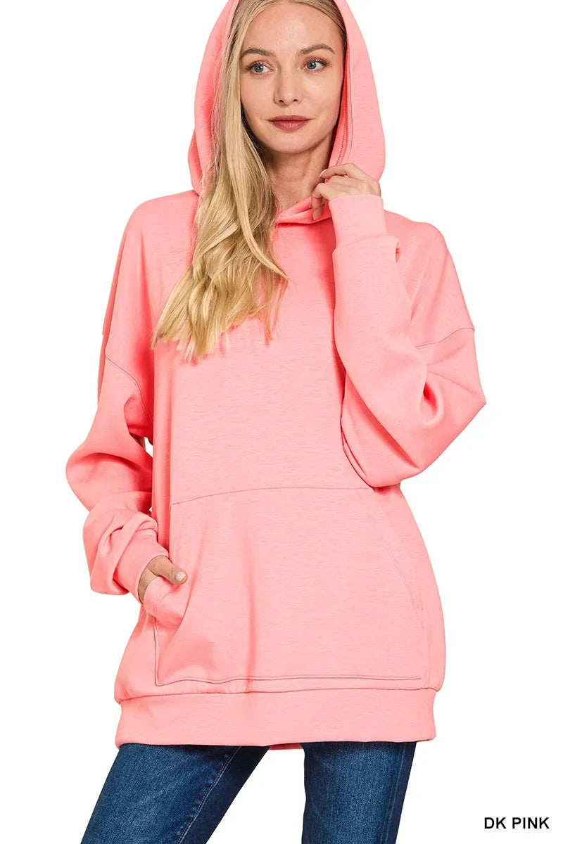 Zenana Dark Pink Oversized Scuba Hoodie with Kangaroo Pocket