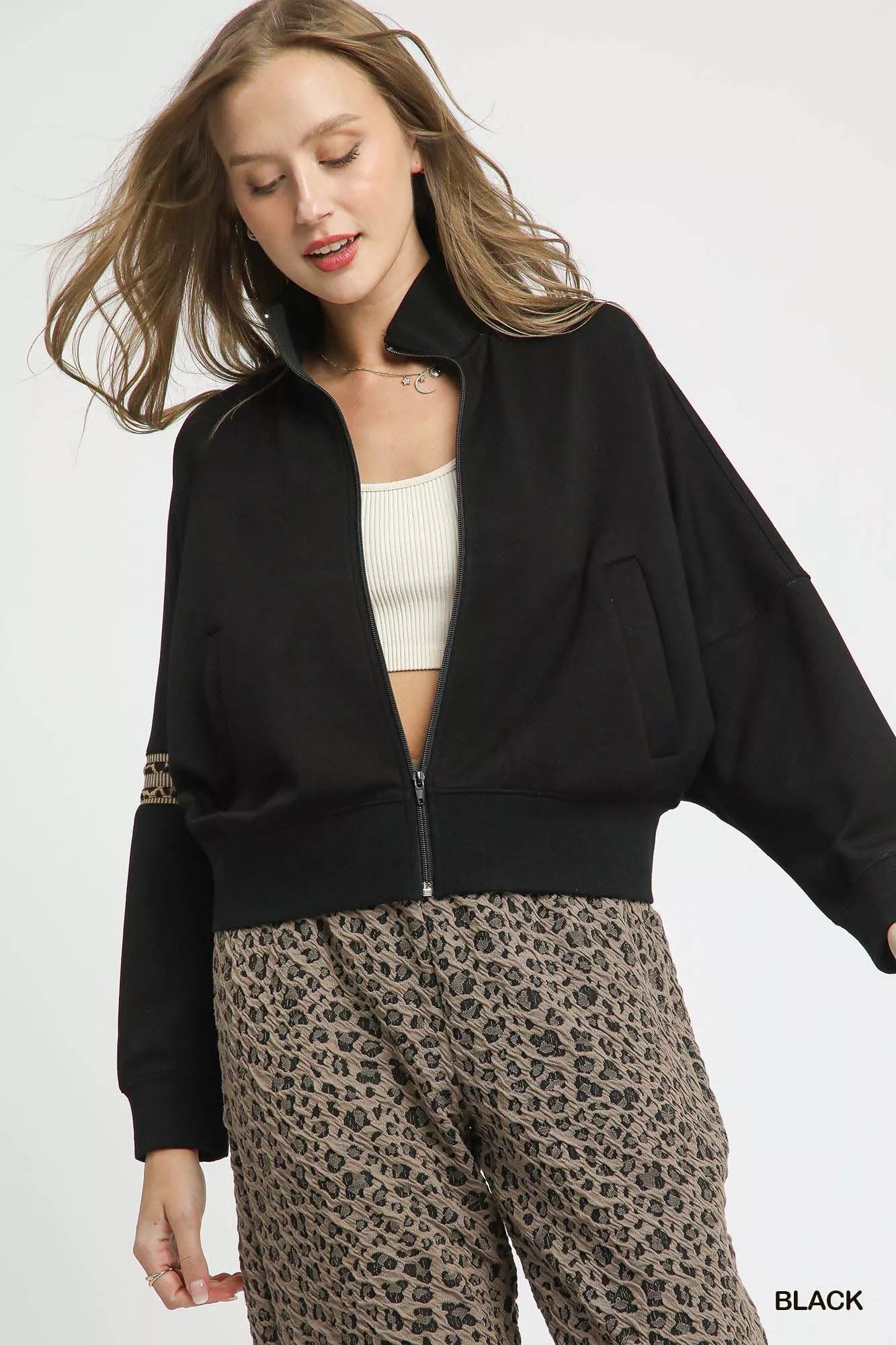 Umgee Black Zipper Up Cropped Jacket with Leopard Trim Black