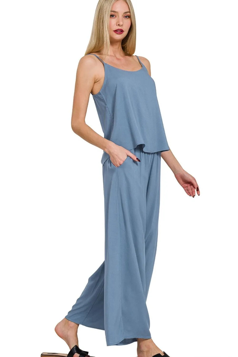 Zenana Dusty Blue Woven Cami & Pants Set