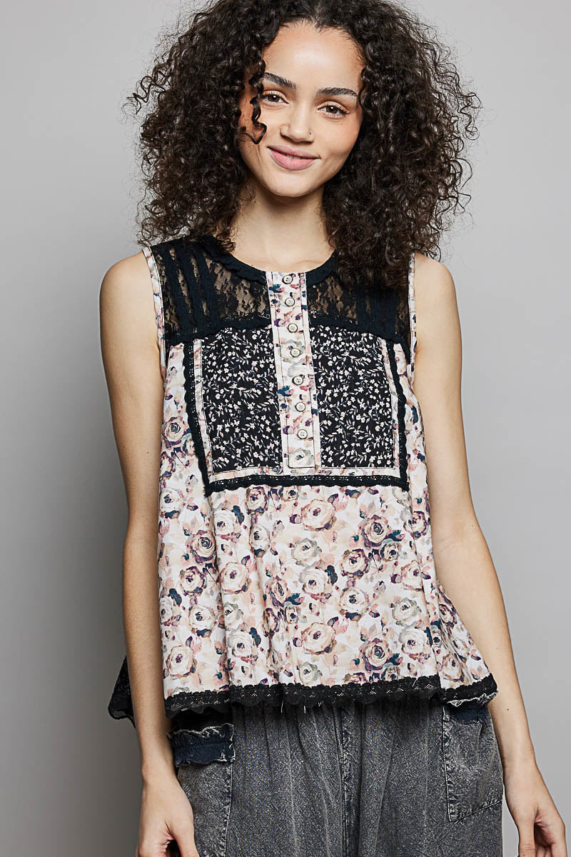 POL Black Printed Woven Lace Back Round Neck Sleeveless Top BLACK