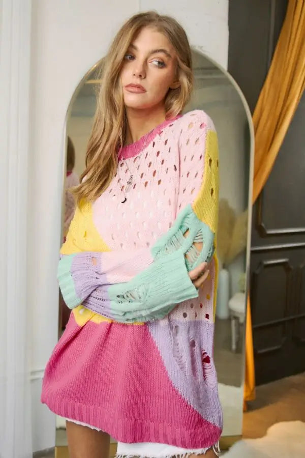 Dani & Davi Multi Color Pastel Color Block Open Knit Sweater Pastel Multi Shirts & Tops