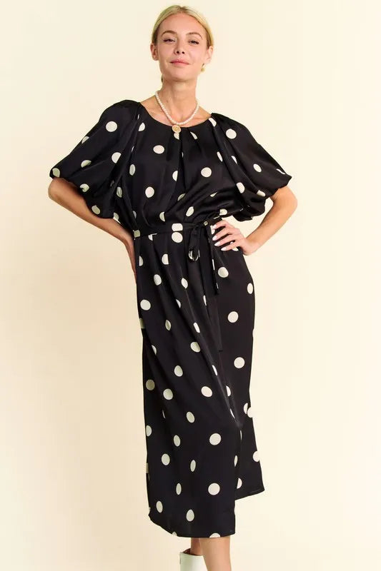 Davi & Dani Black Polka Dot Puff Sleeves Waist Tie Midi Dress