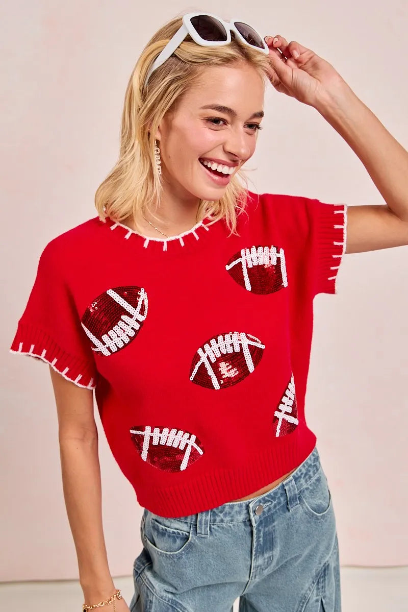 BiBi Red Game Day Sequin Football Embroidered Stitch Sweater