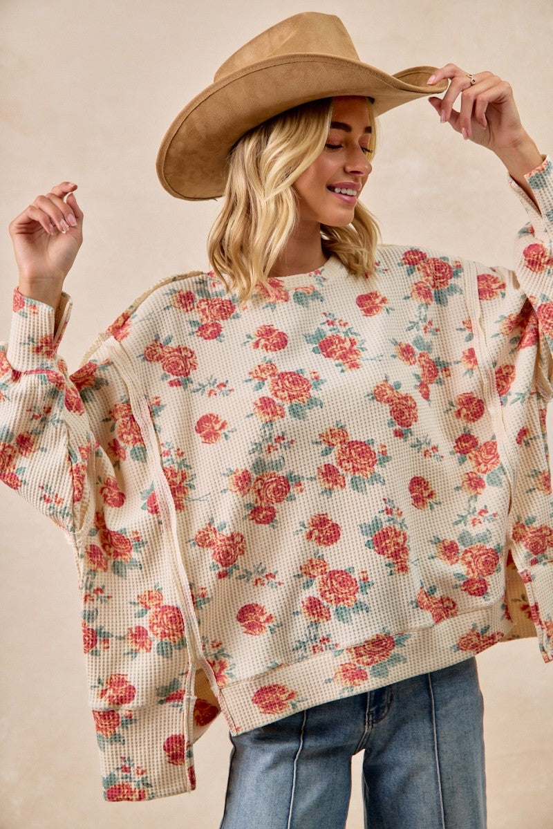 BiBi Oatmeal Floral Print Oversized Waffle Thermal Sweatshirt