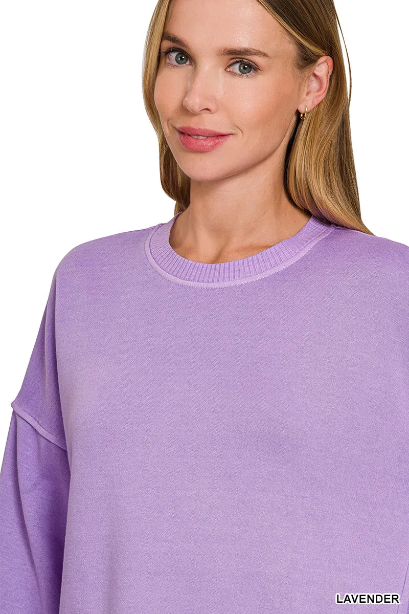 Zenana Lavender Pigment Dye Fleece Hi-low Hem Sweatshirt With Pocket
