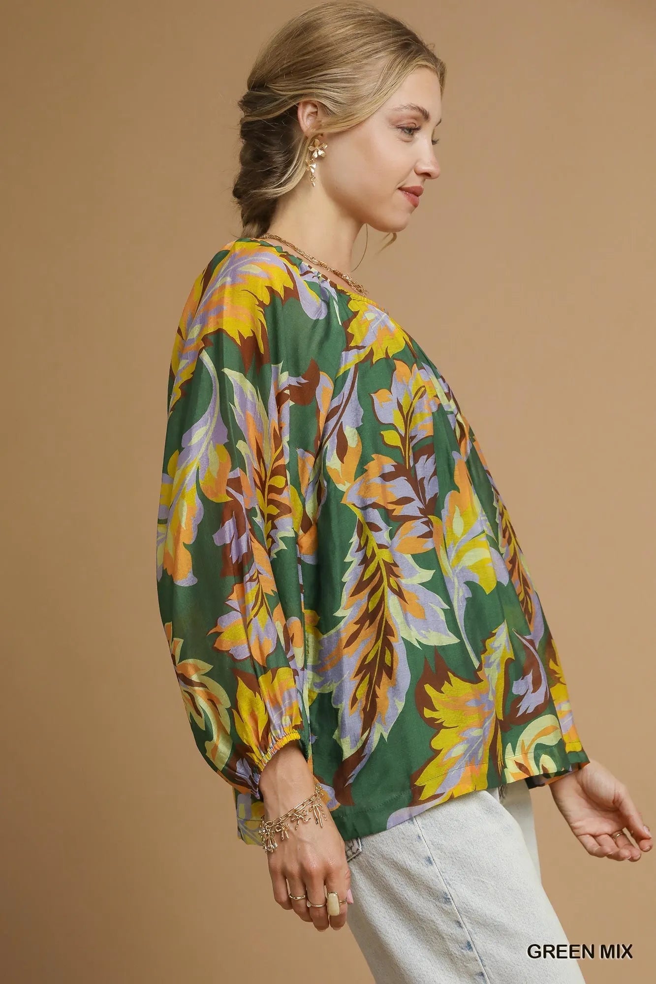 Umgee Green Mix Abstract Print Balloon Sleeve Blouse