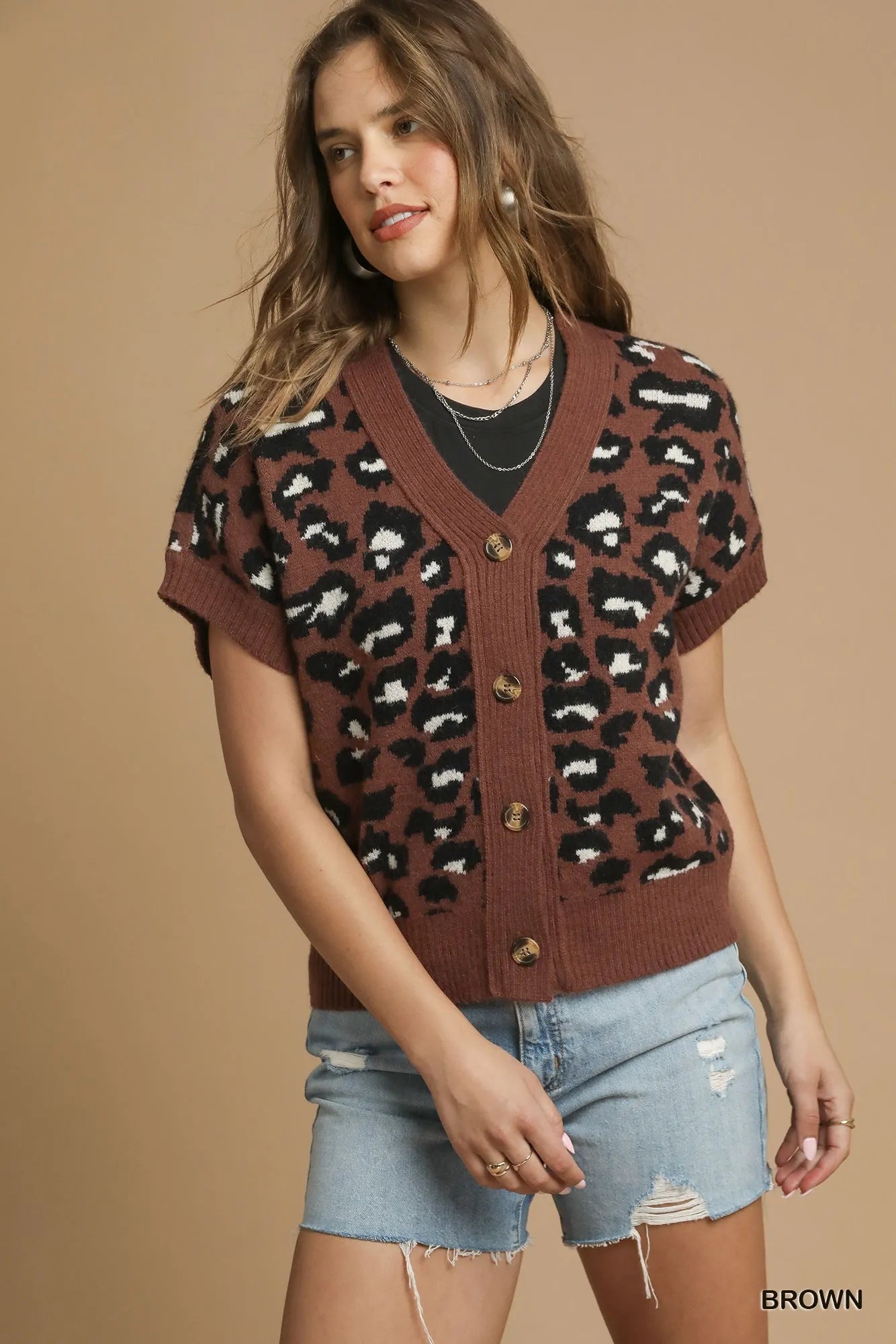 Umgee Leopard Button Down Short Sleeve Cardigan Brown