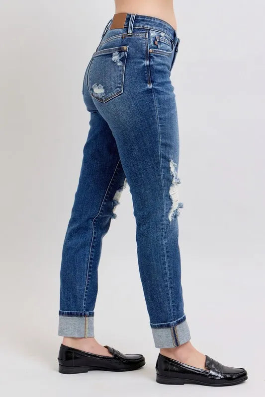 Judy Blue Dark Washed Midi Rise Boyfriend Destroyed Jeans with Yoke Pockets and Faux Selvedge Cuff