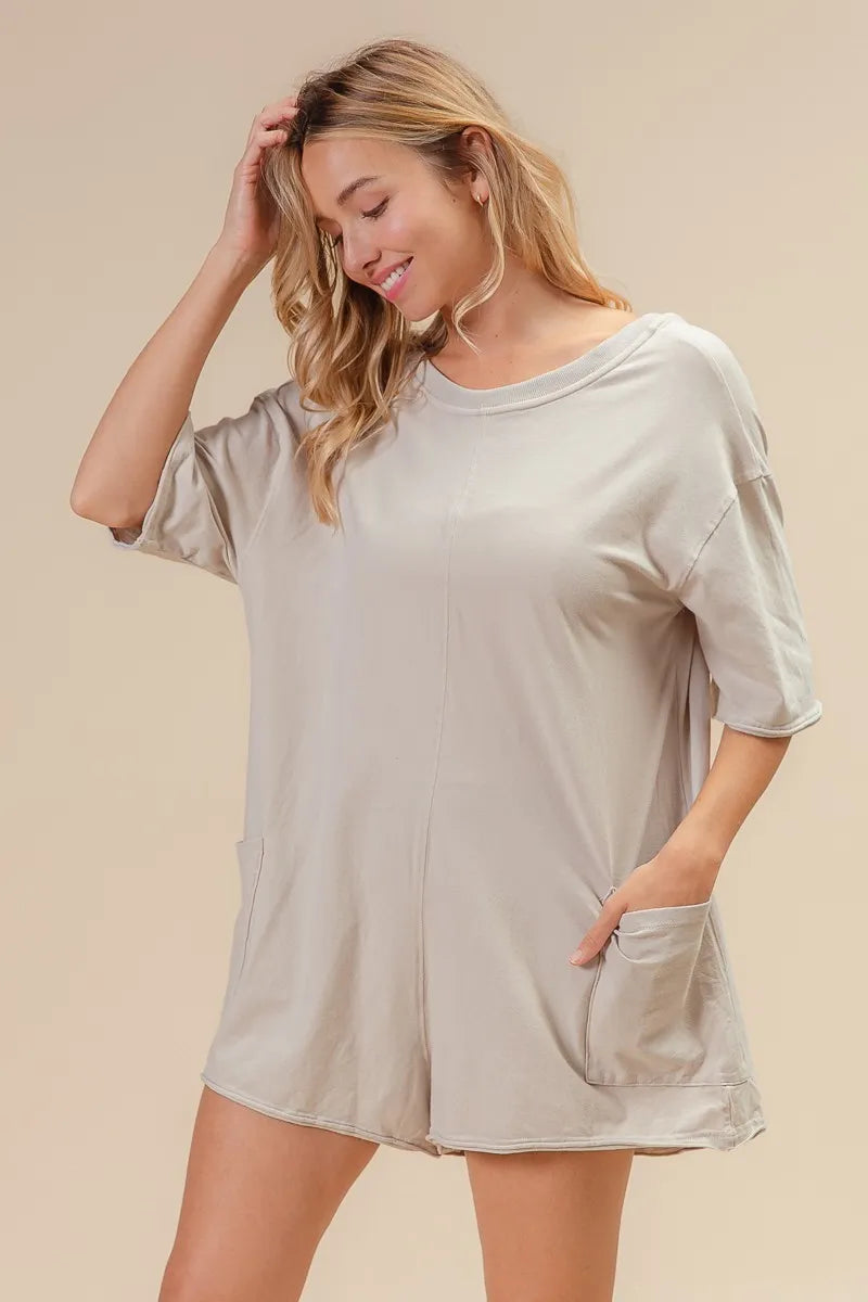 BiBi Oatmeal Short Sleeve Back Open Washed Romper