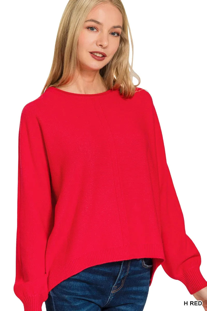 Zenana Red Viscose Front Seam Round-Neck Sweater