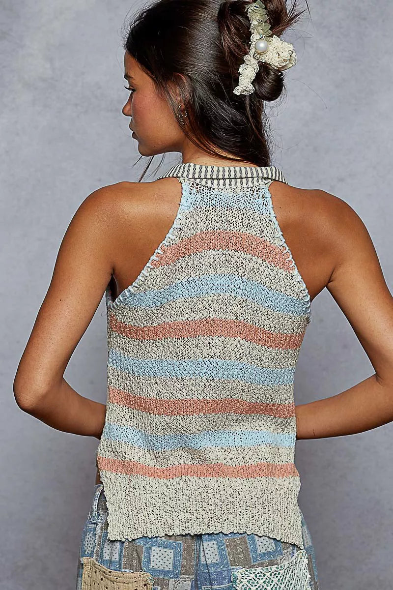 POL Natual Striped Collar Sweater Vest with Star Patch