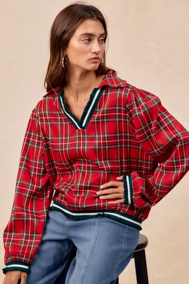 BiBi Christmas Red Plaid Collared Top with Ruffled Detail