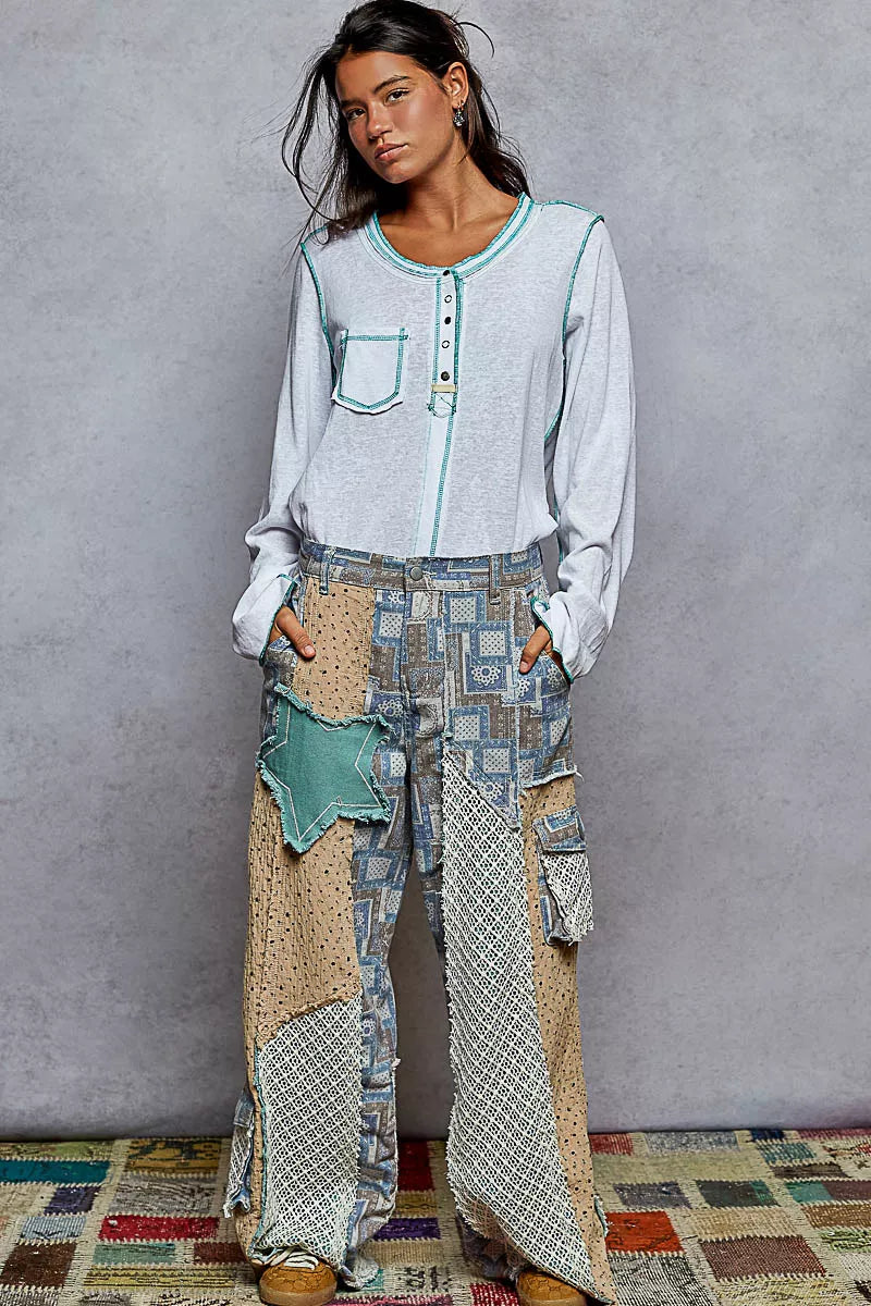 POL Off White Round Neck Long Sleeve Top with Contrast Stitching