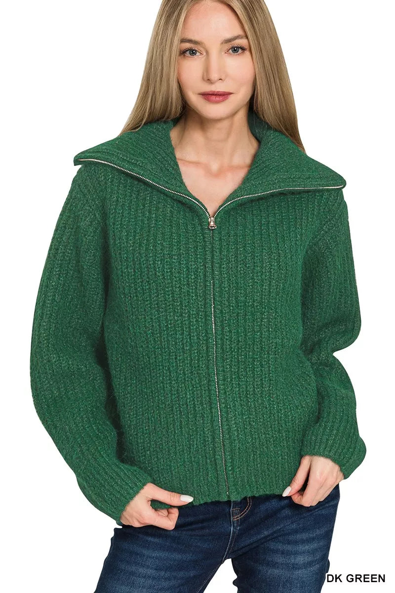 Zenana Dark Green High Neck Full Zip Sweater Cardigan DK GREEN