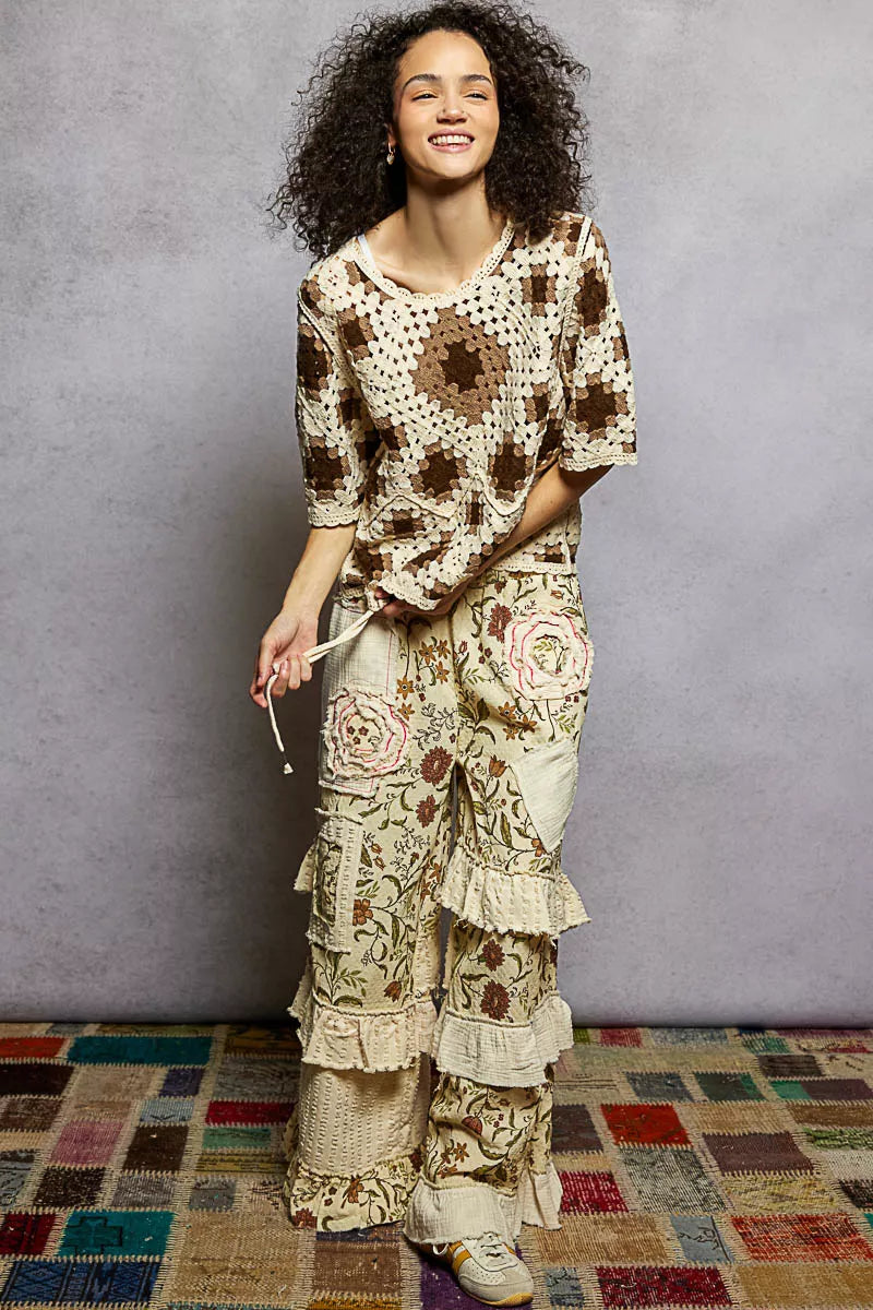 POL Cocoa Round Neck Short Sleeve Color Pattern Crochet Top with Border Accents