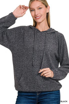 Zenana Black Brushed Hacci Melange Hooded Sweater