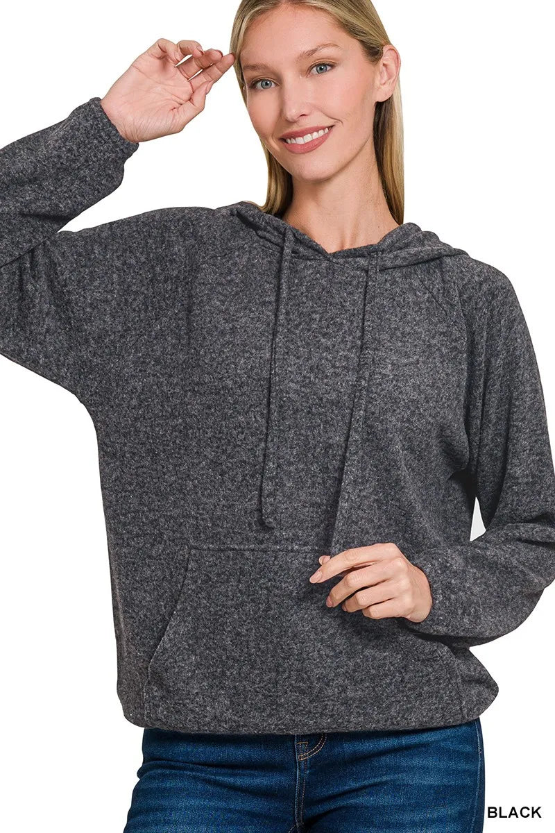 Zenana Black Brushed Hacci Melange Hooded Sweater