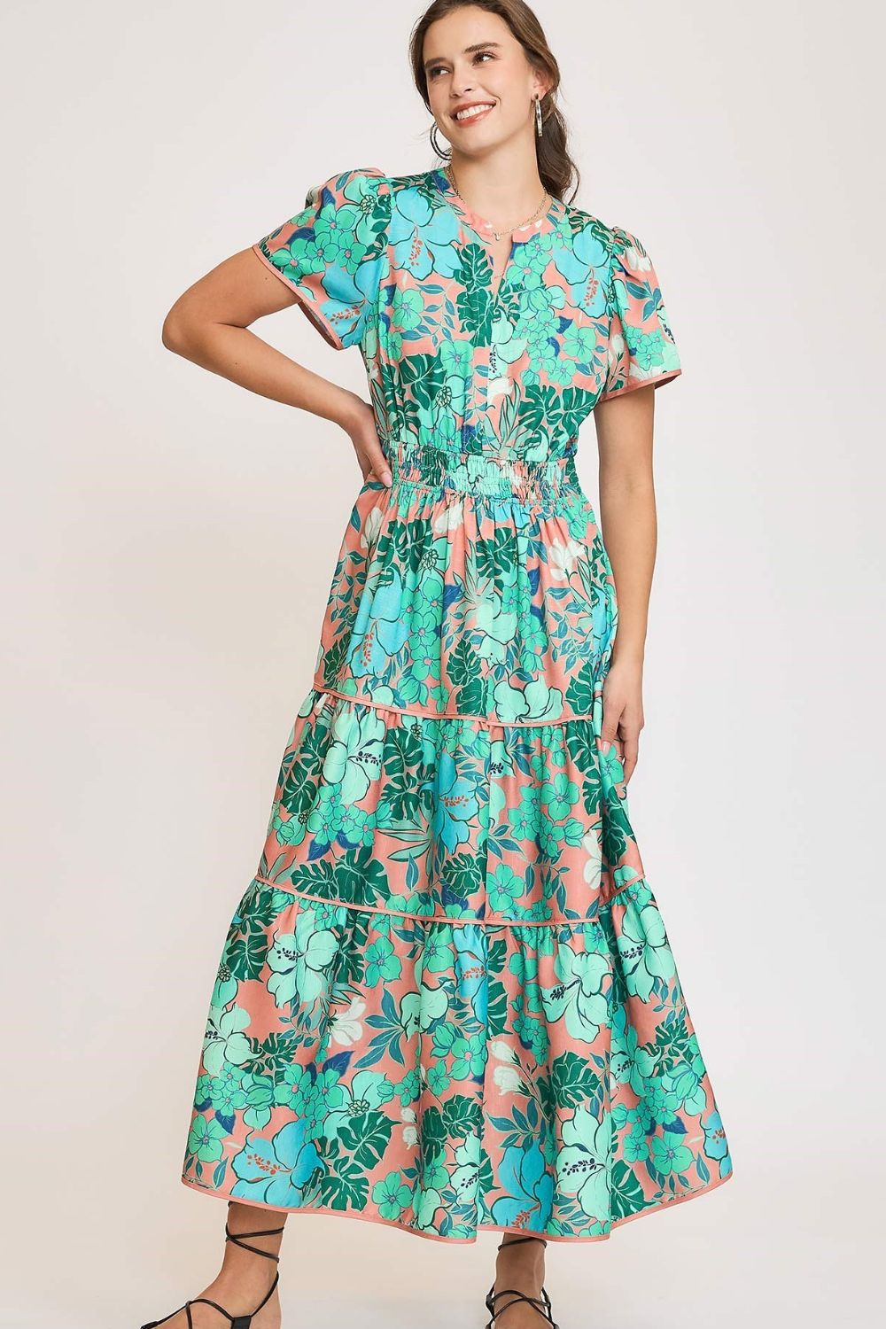 Umgee Teal Printed Notched Short Sleeve Tiered Maxi Dress Teal