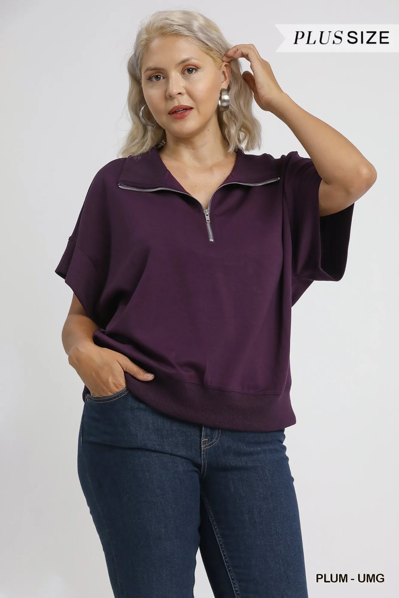 Umgee Plum Half-Zip Short Sleeve Top