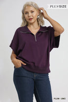 Umgee Plum Half-Zip Short Sleeve Top