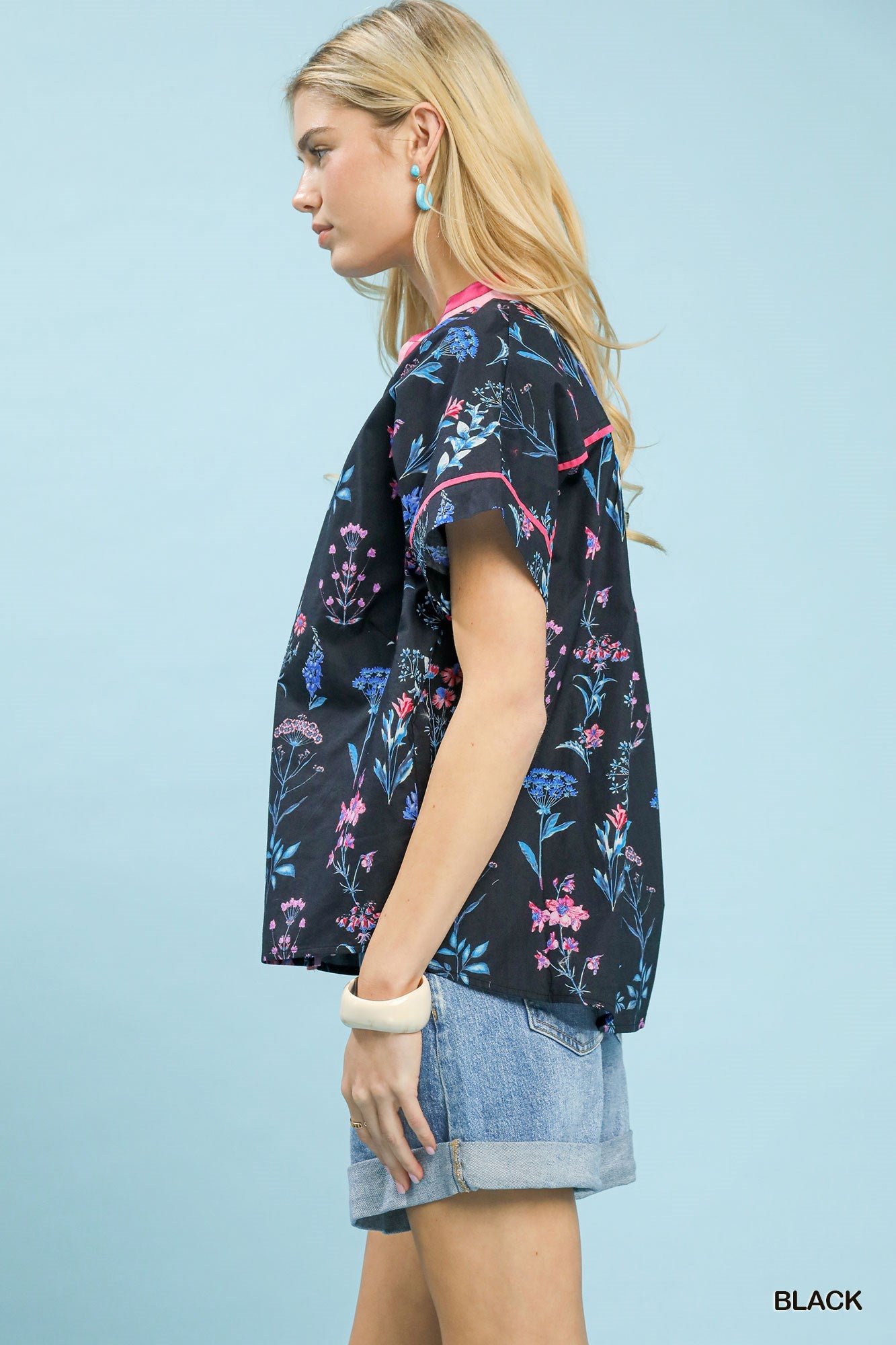 Umgee Black Botanical Floral Button Front Top