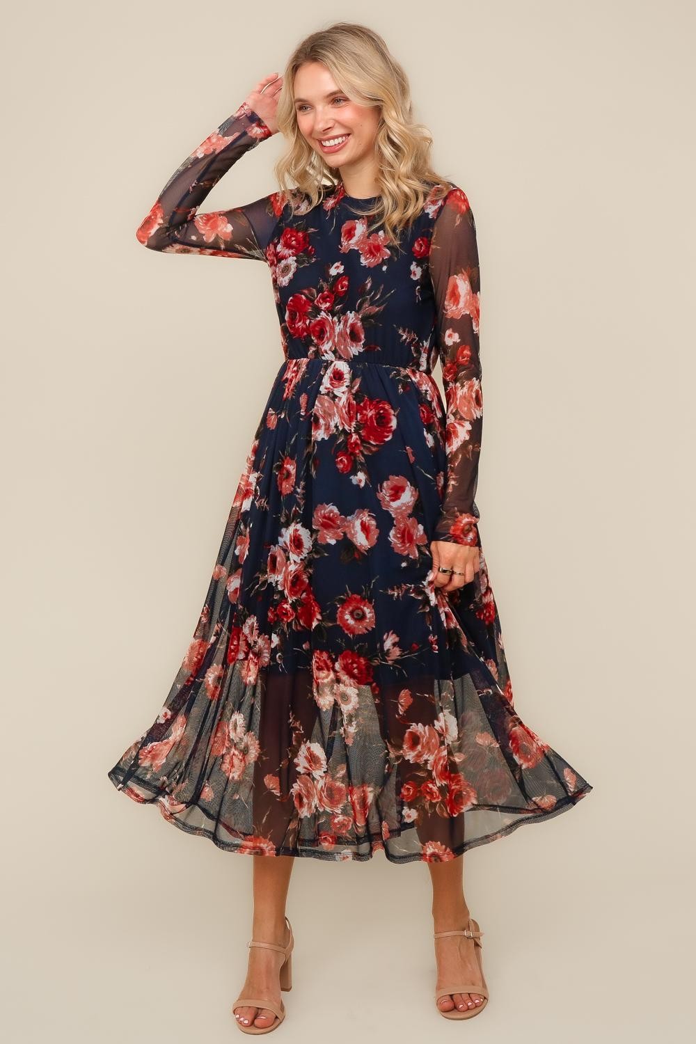 Haptics Navy Floral Mesh Midi Dress