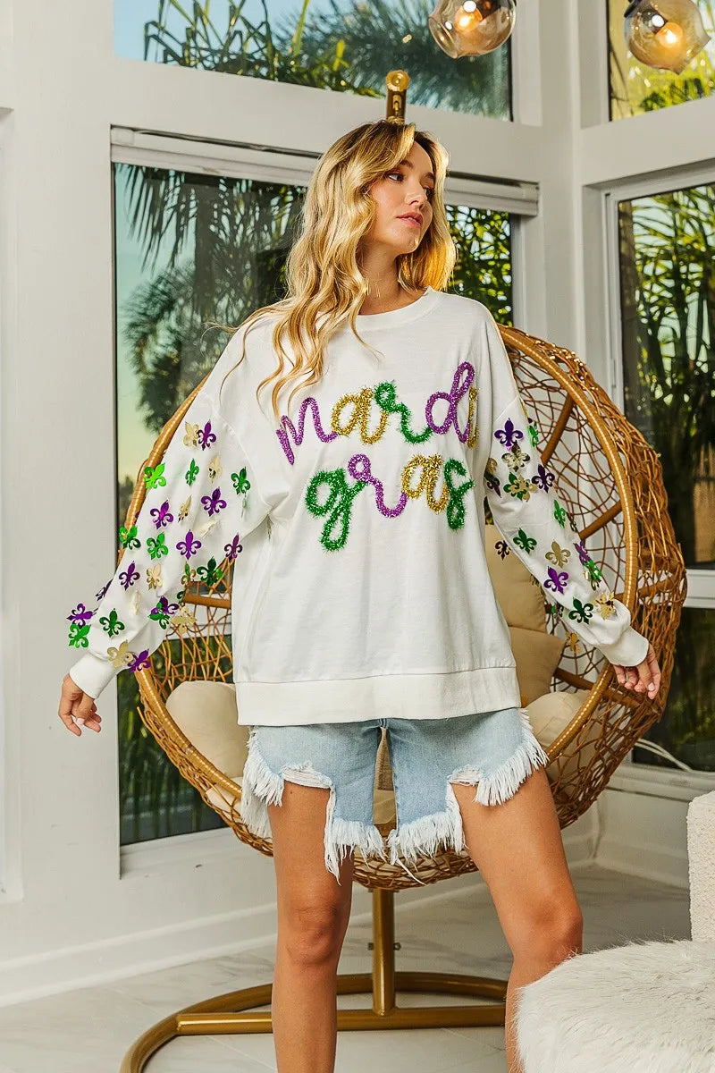 BiBi Off White Fleur De Lis Sleeve Mardi Gras Pullover