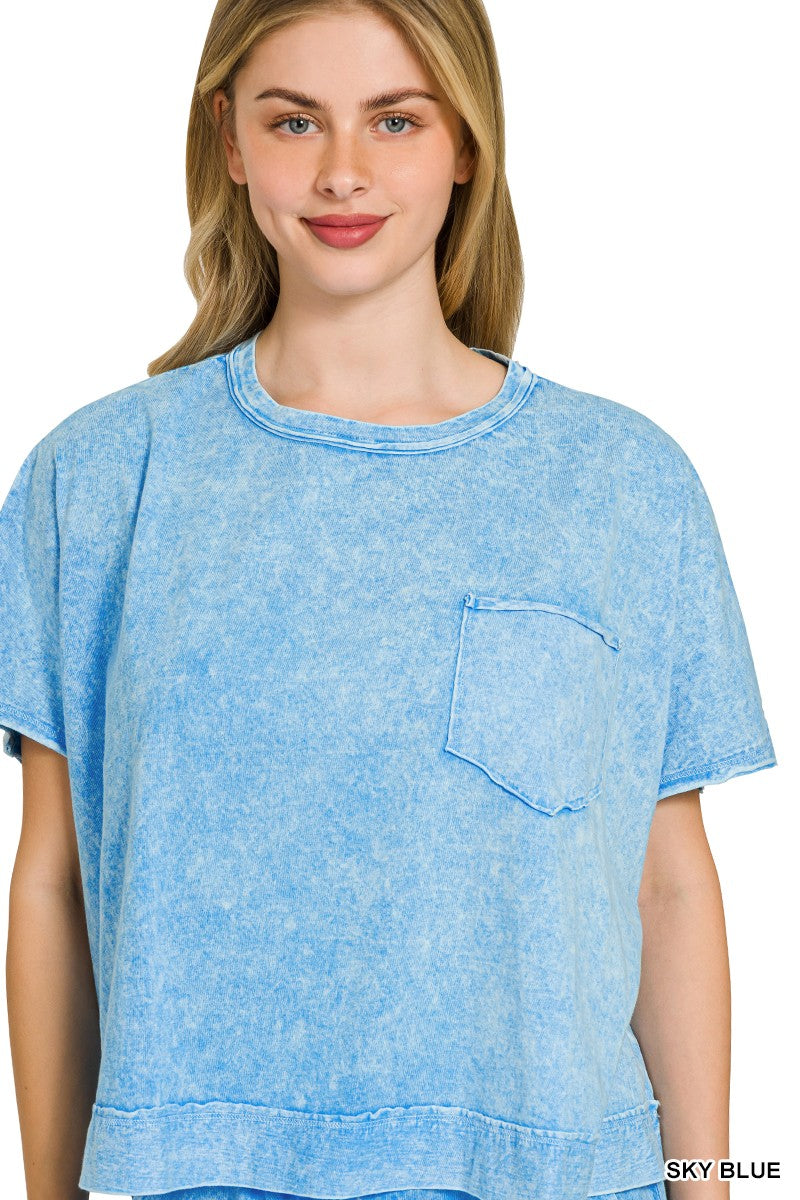 Zenana Sky Blue Halo Snow Washed Boxy Top & Shorts Set