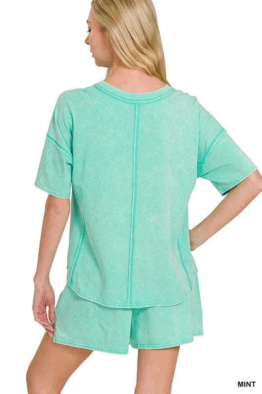 Zenana Ash Black Acid Washed Short Sleeve Tee & Shorts Set