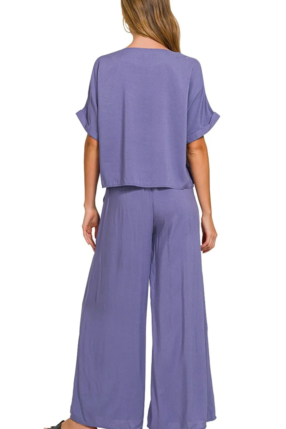 Zenana Marlin Round Neck T-Shirt and Wide Leg Pants Set