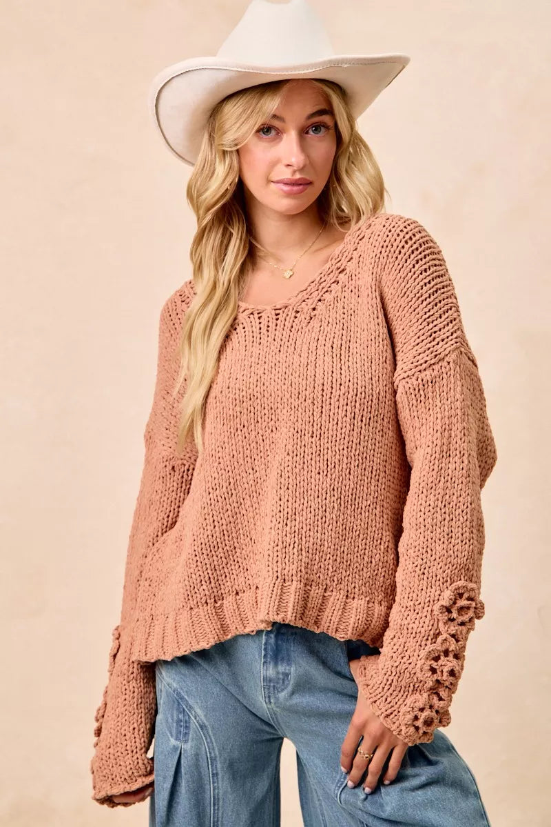 BiBi Dusty Peach Chunky Knit Sweater with Flower Detail Sleeves