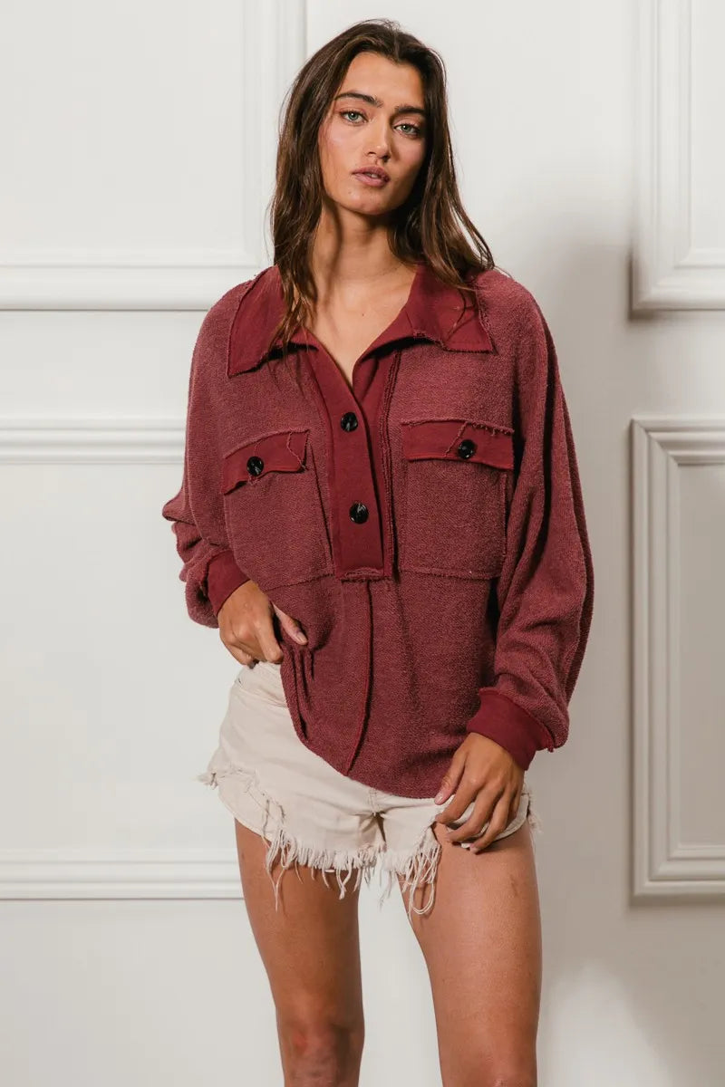 BiBi Marsala French Terry Cut Edge Detail Collared Long Sleeve Top