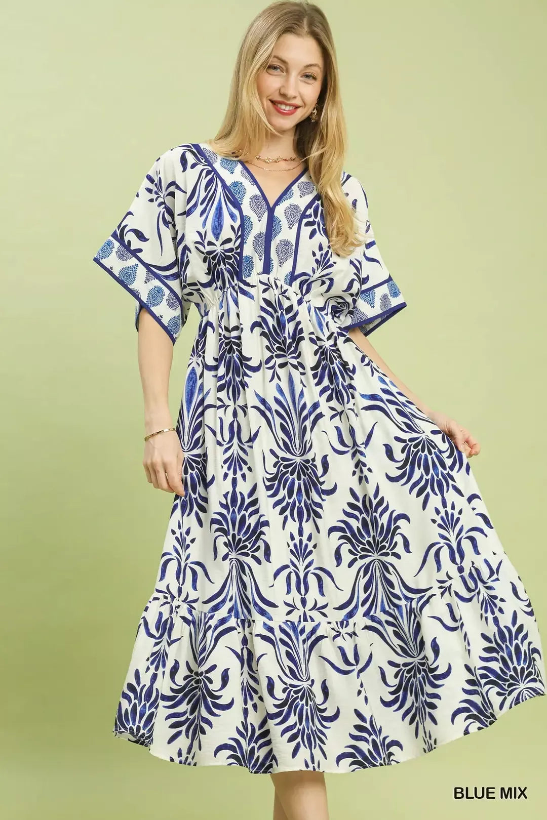 Umgee Blue Mix Floral Border Midi Dress with Pockets BLUE MIX