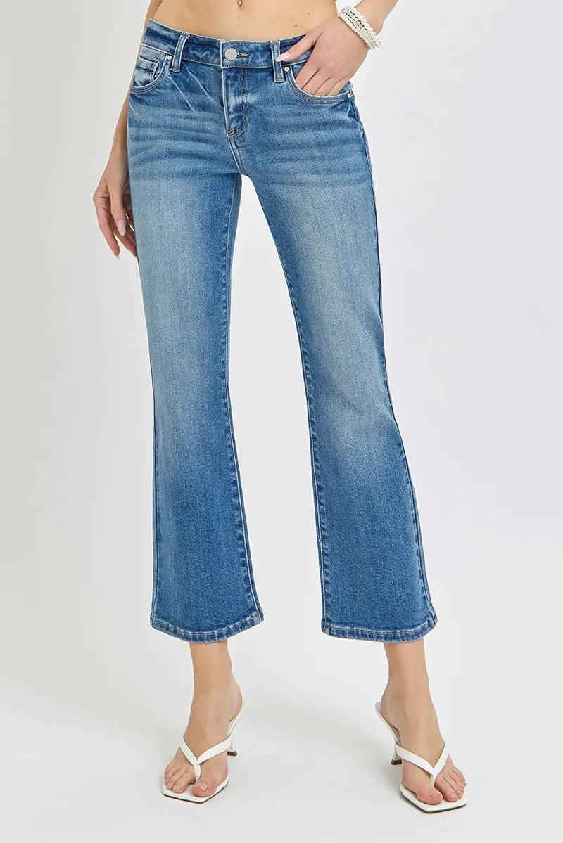 RISEN Medium Washed Low Rise Crop Flare Jeans