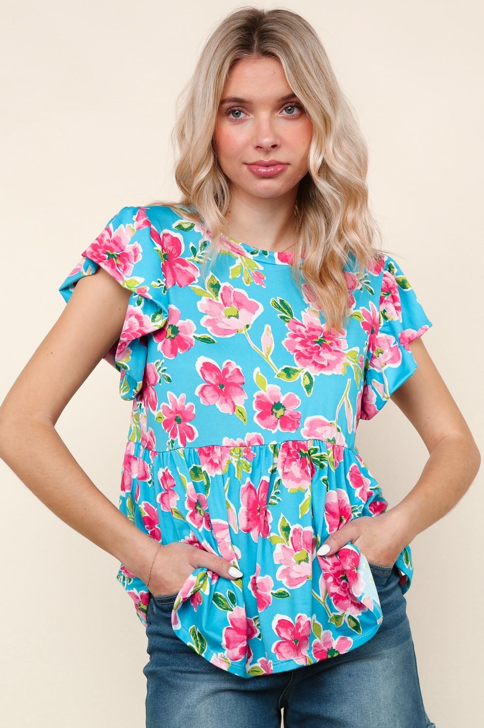 Haptics Aqua Floral Butter Smooth Knit Top with Ruffle Sleeves